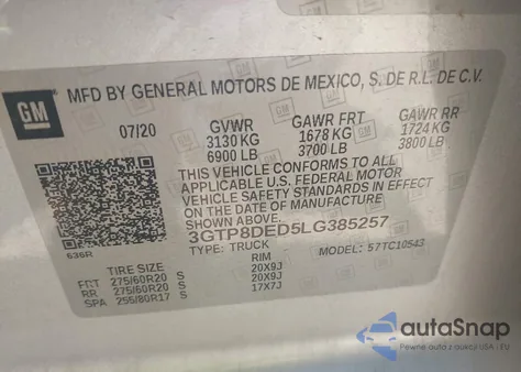 2020 GMC Sierra 1500 2Wd Short Box Slt z USA, uszkodzony, nr VIN 3GTP8DED5LG385257